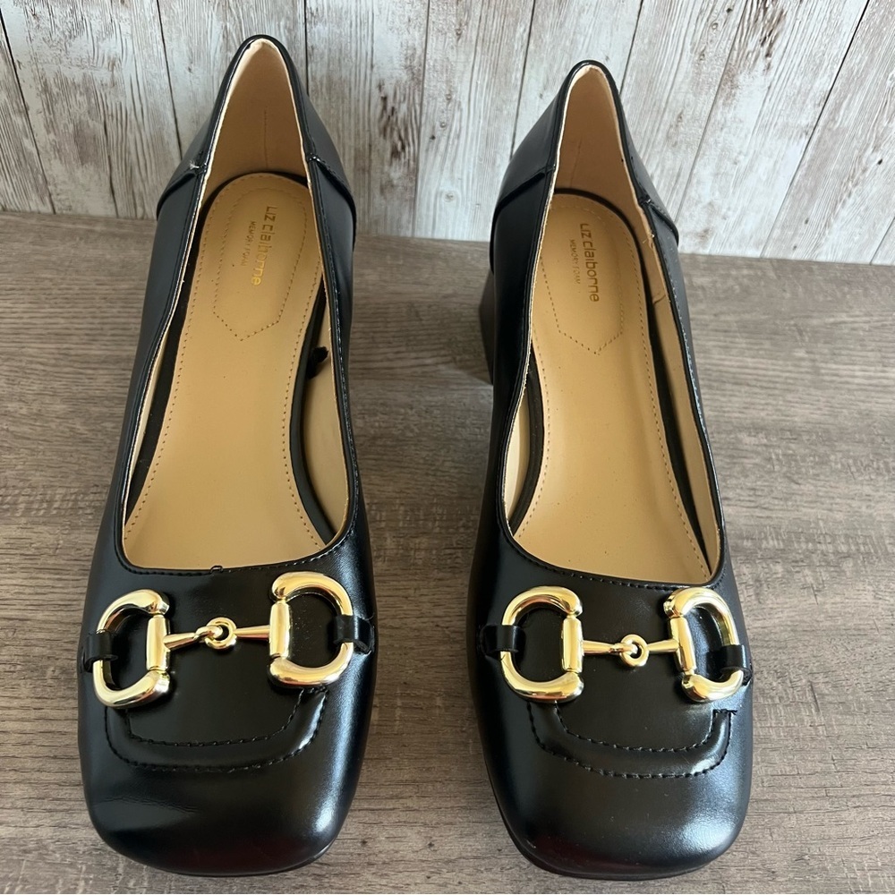 Liz Claiborne Black Leather Block Heel Pumps with Gold Hardware